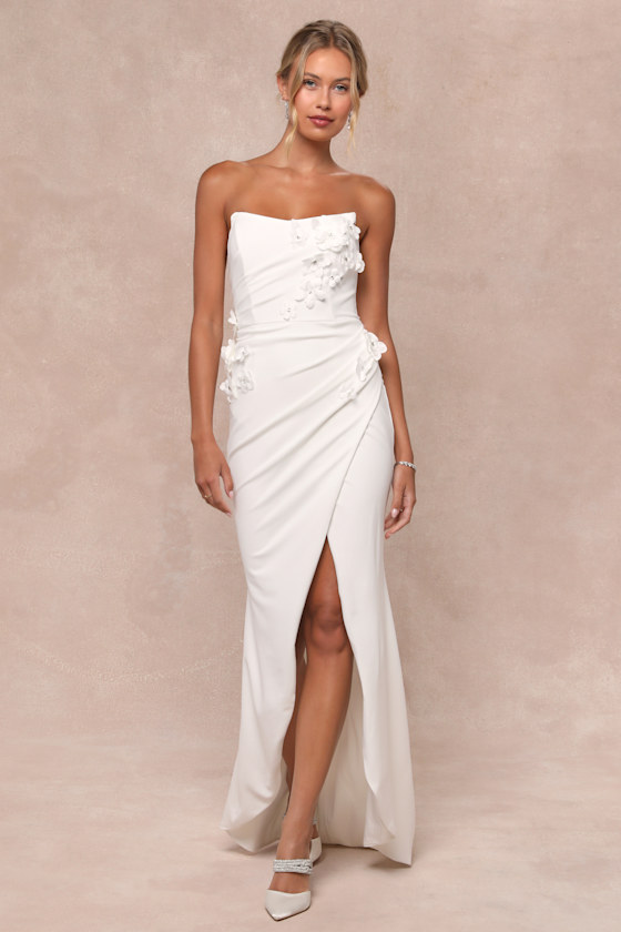 ★LOW CLASSIC★ SILKY FLORAL LAYERED DRESSOFF WHITE White Strapless Dress - Floral Applique Dress - Floral Maxi