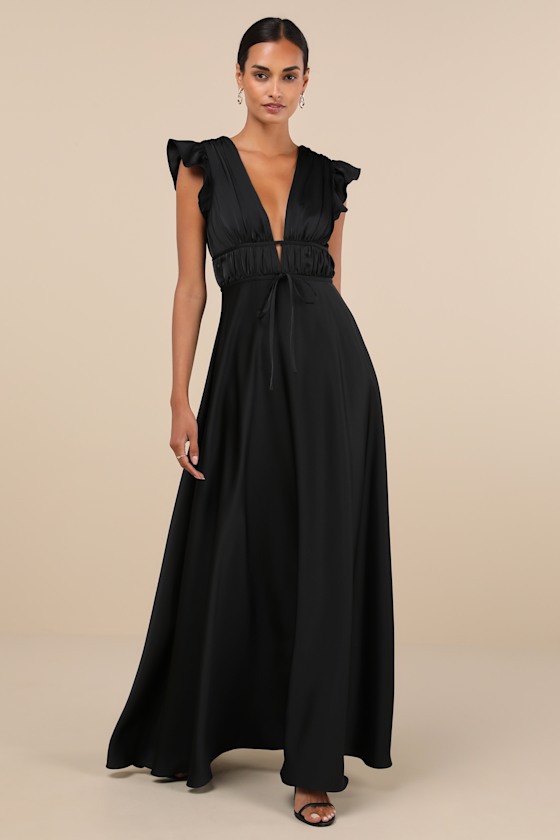 Lulus I'm All Yours Black Satin Cutout Ruffled Maxi Dress In Black