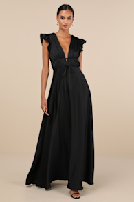 I'm All Yours Black Satin Cutout Ruffled Maxi Dress 1