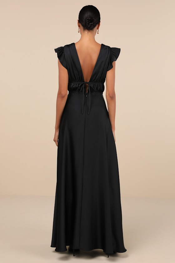 Lulus I'm All Yours Black Satin Cutout Ruffled Maxi Dress In Black