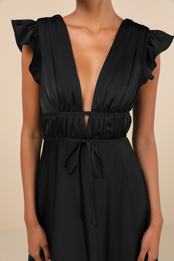 Lulus I'm All Yours Black Satin Cutout Ruffled Maxi Dress In Black