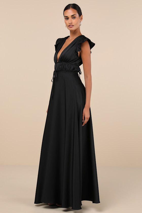 Lulus I'm All Yours Black Satin Cutout Ruffled Maxi Dress In Black