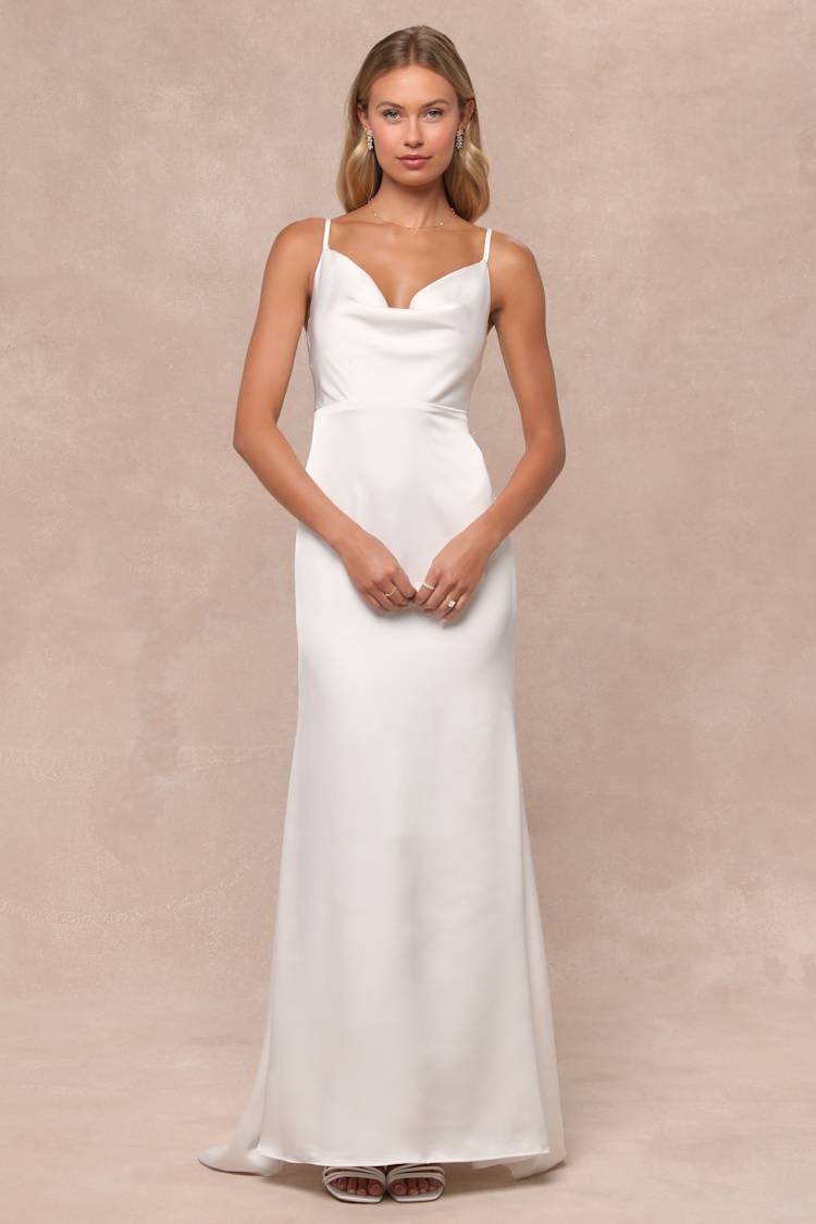 White Satin Gown - Lace Back Gown - Cowl Neck Gown - Bridal Gown - Lulus