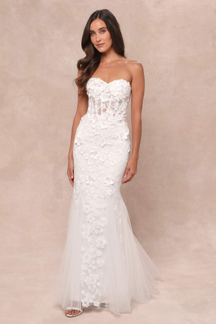 Adoring Bliss White Tulle Strapless Lace-Up Mermaid Maxi Dress
