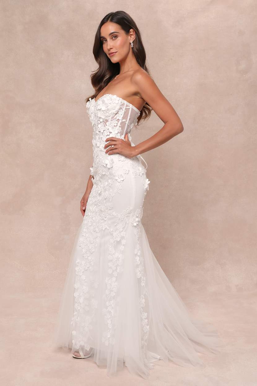 Adoring Bliss White Tulle Strapless Lace-Up Mermaid Maxi Dress