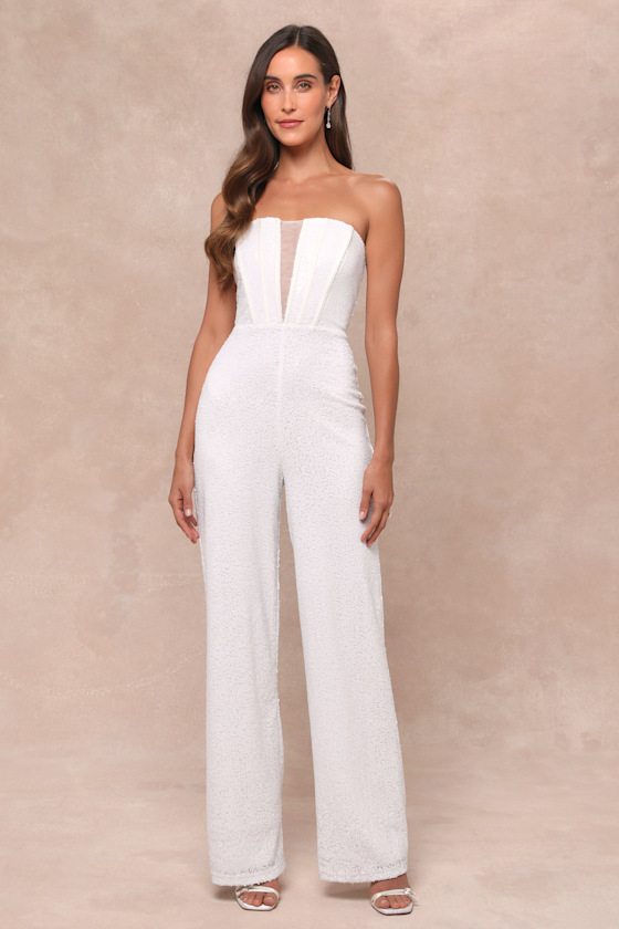 Glamorous Spirit White Sequin Strapless Bustier Jumpsuit 1