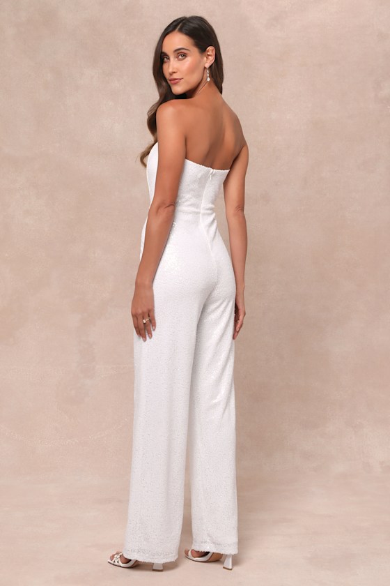 Lulus Glamorous Spirit White Sequin Strapless Bustier Jumpsuit In White