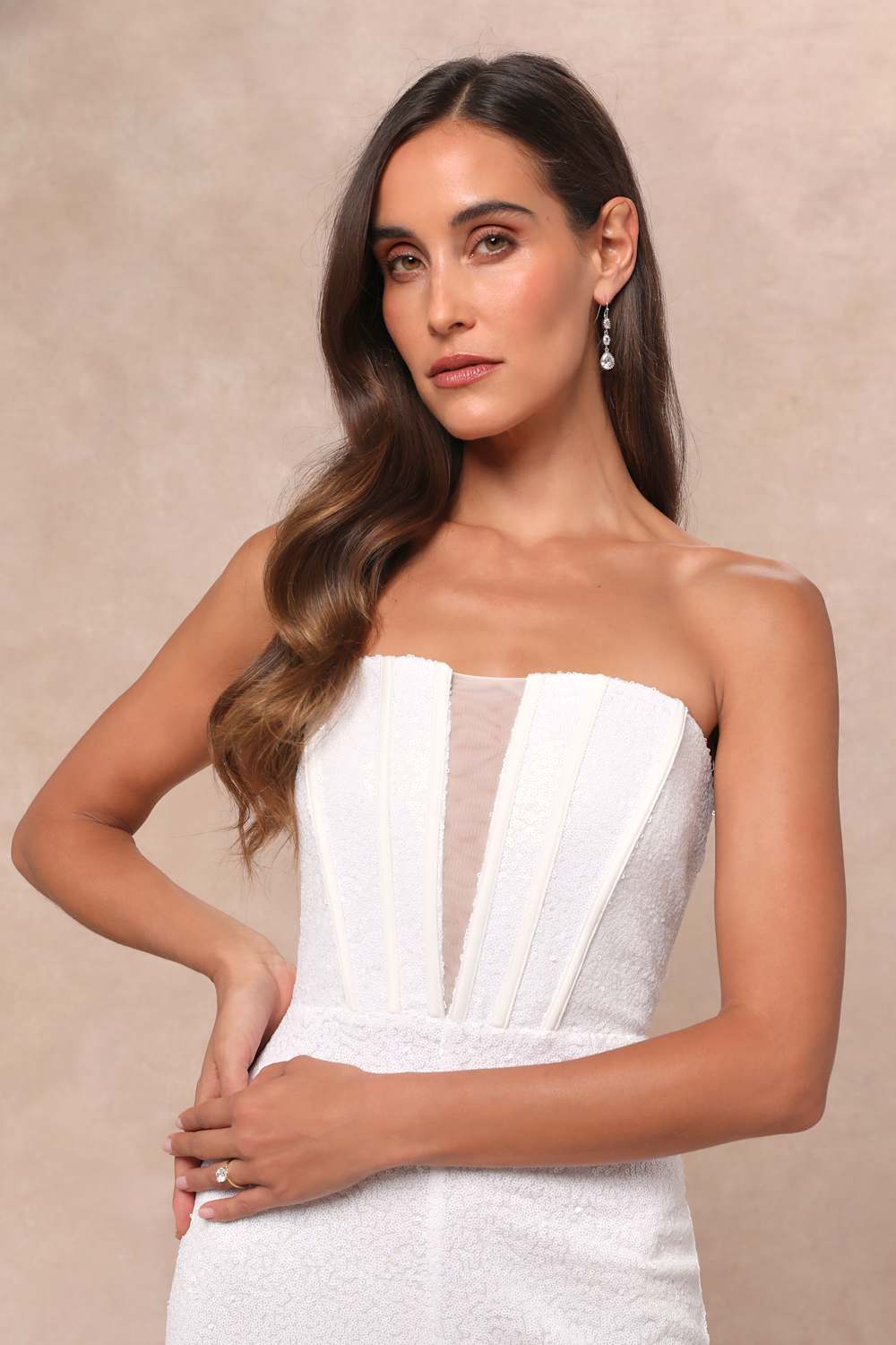 Glamorous Spirit White Sequin Strapless Bustier Jumpsuit