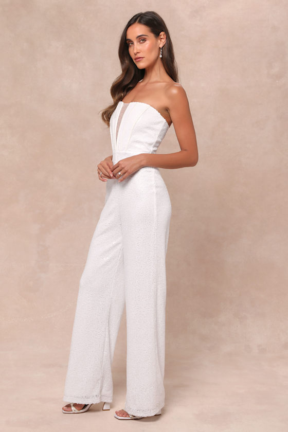 Lulus Glamorous Spirit White Sequin Strapless Bustier Jumpsuit In White