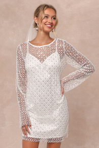 Glowing Charisma White Sequin Pearl Mesh Long Sleeve Mini Dress 1