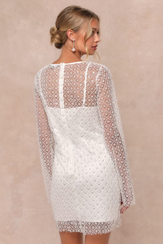 Lulus Glowing Charisma White Sequin Pearl Mesh Long Sleeve Mini Dress In White