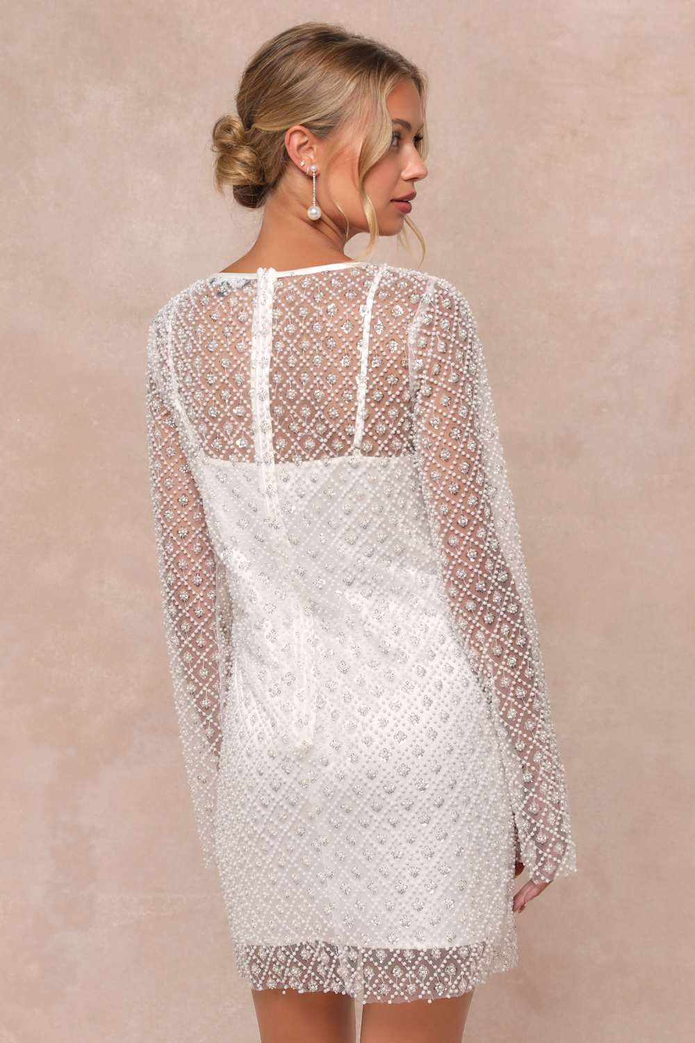 Glowing Charisma White Sequin Pearl Mesh Long Sleeve Mini Dress