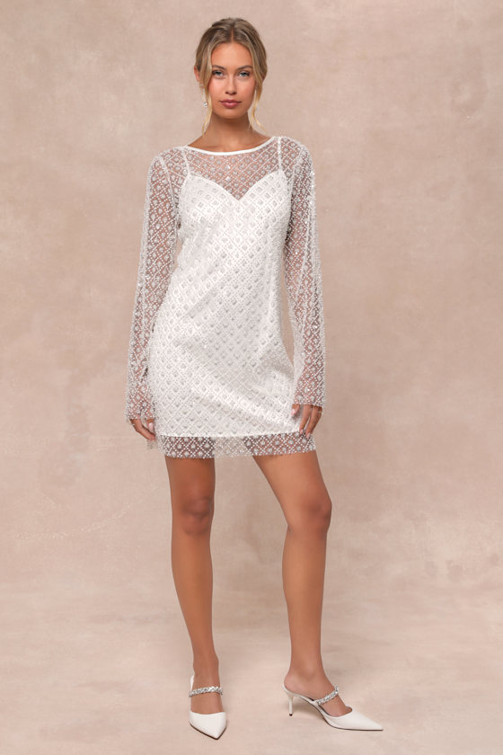 Lulus Glowing Charisma White Sequin Pearl Mesh Long Sleeve Mini Dress In White