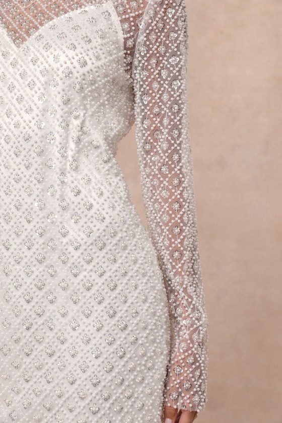 Lulus Glowing Charisma White Sequin Pearl Mesh Long Sleeve Mini Dress In White