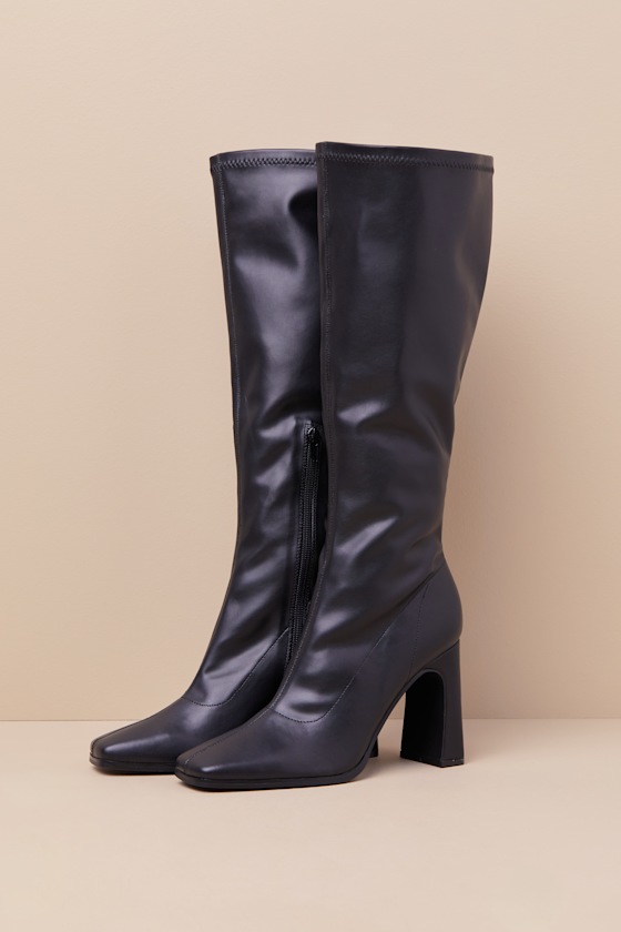 Lulus Albane Black Square Toe Knee-high Boots In Black