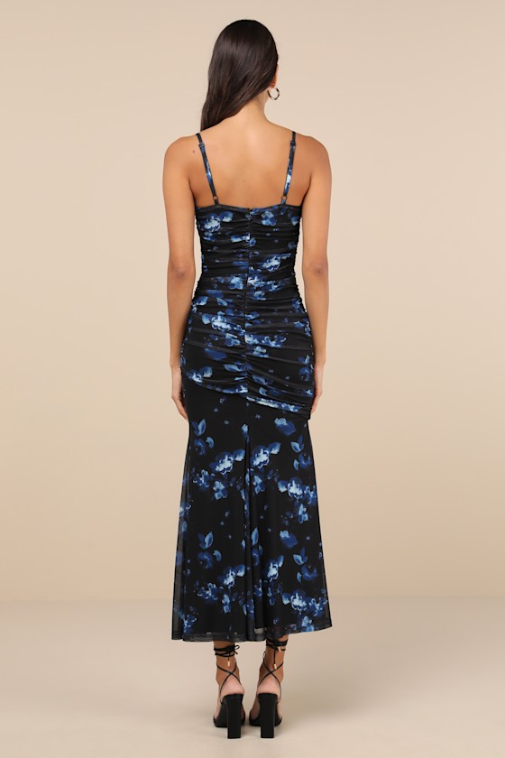 Lulus Flirty Phenomena Black Floral Mesh Drop Waist Maxi Dress In Black