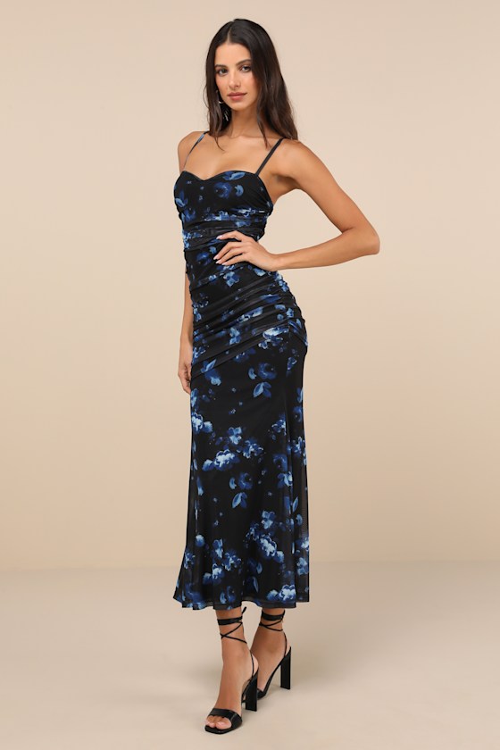 Lulus Flirty Phenomena Black Floral Mesh Drop Waist Maxi Dress In Black
