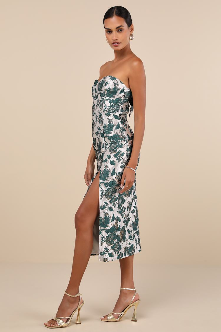Beloved Belle Silver and Green Jacquard Strapless Bow Midi Dress