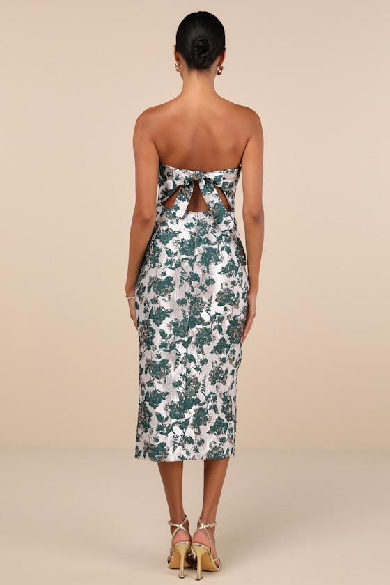 Shop Lulus Beloved Belle Silver And Green Jacquard Strapless Bow Midi Dress In Grey