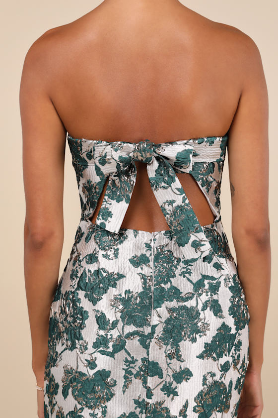Shop Lulus Beloved Belle Silver And Green Jacquard Strapless Bow Midi Dress In Grey