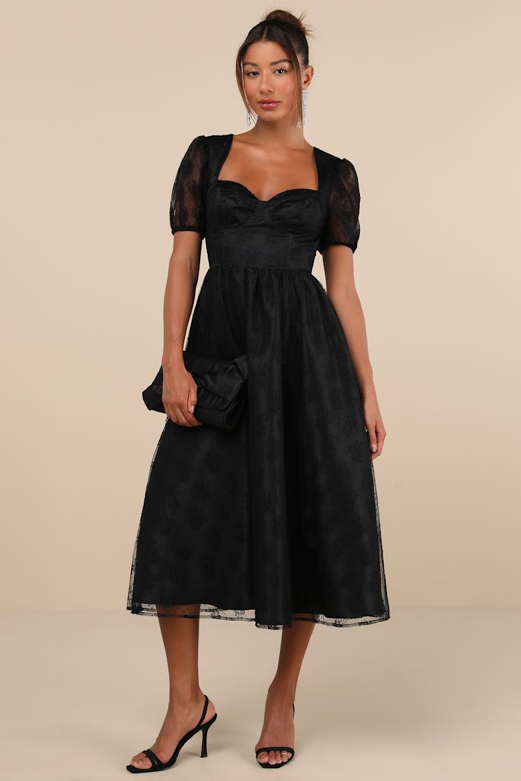 Remarkable Grace Black Lace Puff Sleeve Bustier Midi Dress Remarkable Grace Black Lace Puff Sleeve Bustier Midi Dress