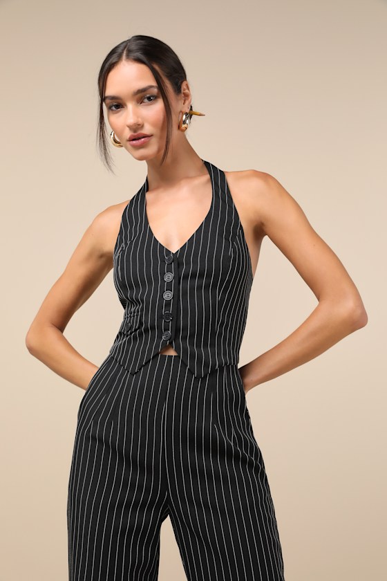 Pur-Suit of Chic Black and White Pinstripe Vest Top 5