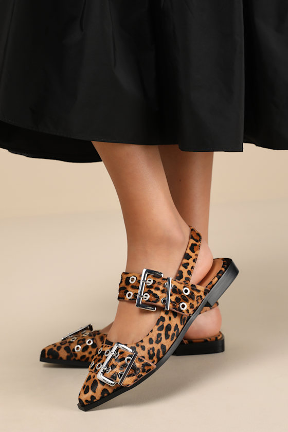 Graya Leopard Calf Hair Studded Buckle Slingback Flats 1