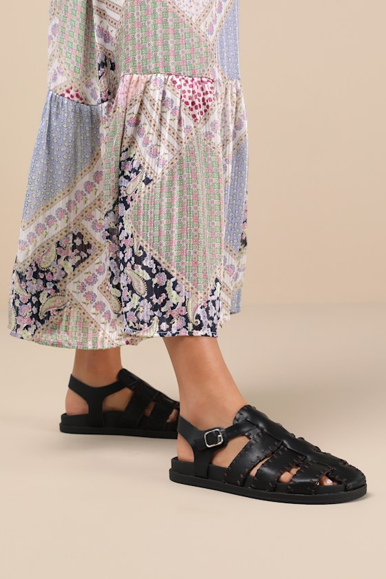 Jasmina Black Vegan Leather Stitched Fisherman Sandals 1