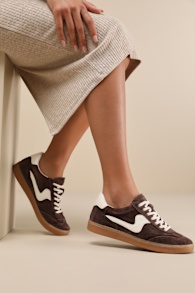 Notice Dark Brown Suede Leather Color Block Lace-Up Sneakers