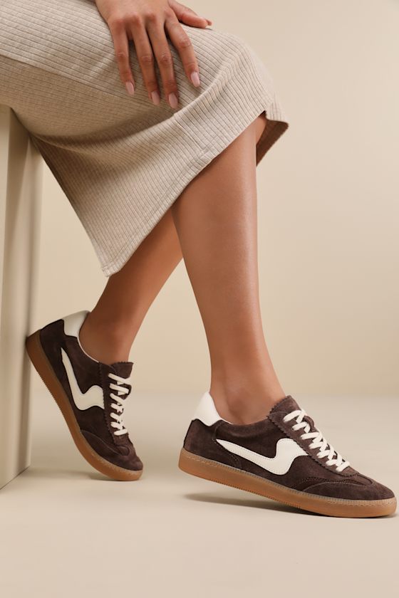 Notice Dark Brown Suede Leather Color Block Lace-Up Sneakers 1
