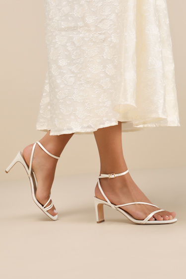 White Satin Heels Low Heel Sandals Strappy Low Heel Sandals