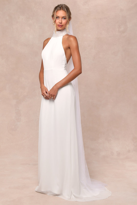 navy blue dress for baby girl White High-Collar Backless A-Line Long Wedding Dress – Modsele main image 0