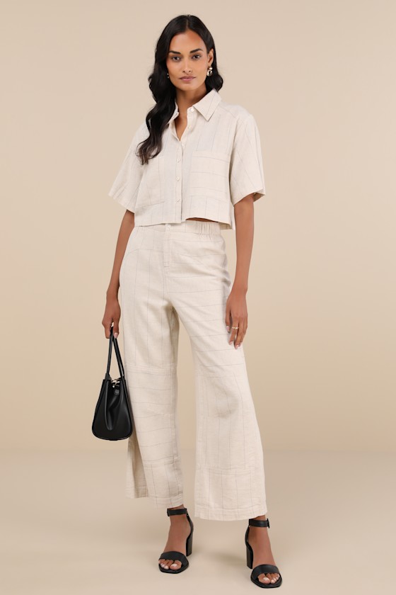 Beige Striped Top - Linen Short Sleeve Top - Button-Up Top