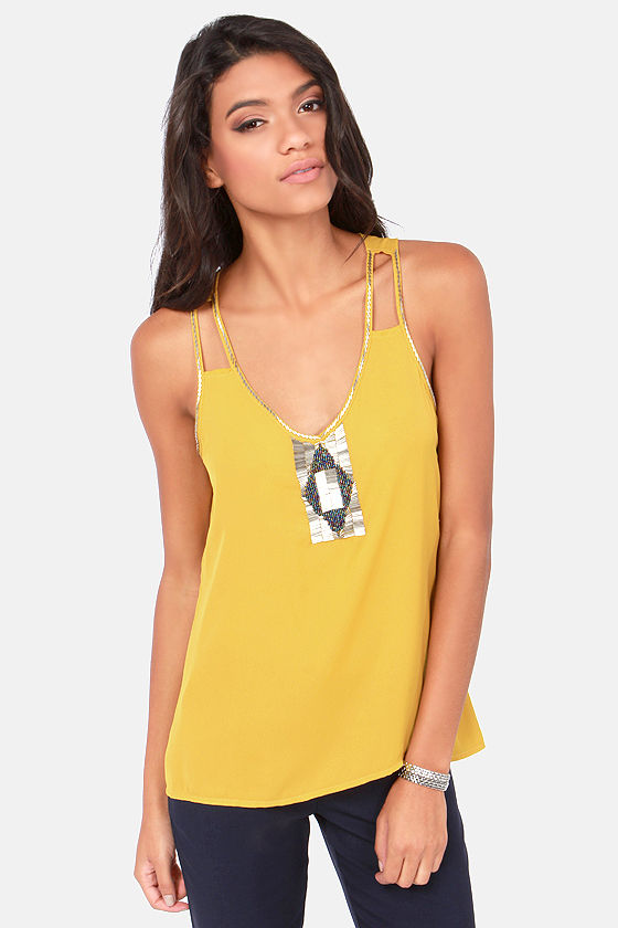 Cute Yellow Top Mustard Yellow Top Beaded Top Tank Top 36.00