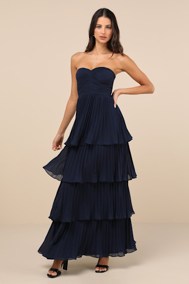 Seriously Sensational Navy Blue Strapless Tiered Maxi Dress