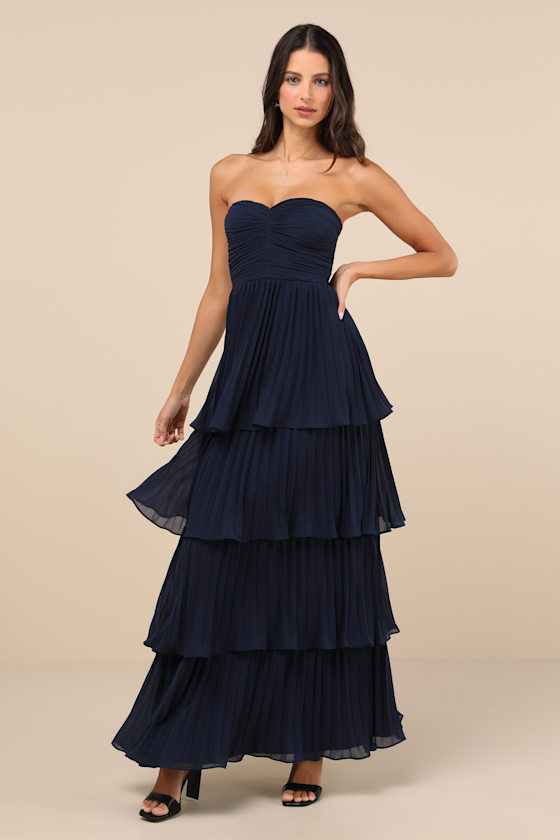 Seriously Navy Blue Sensational Strapless Tiered Maxi Dress 2