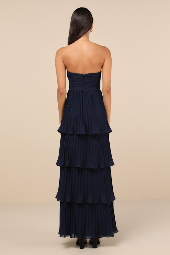 Lulus Seriously Sensational Navy Blue Strapless Tiered Maxi Dress In Navy Blue