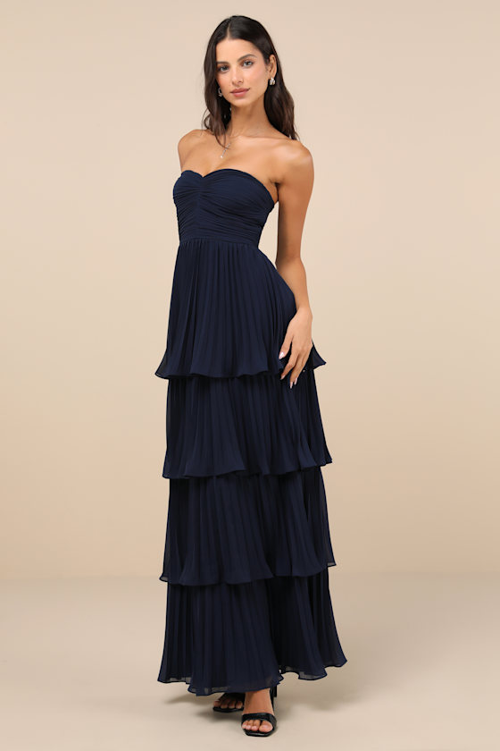 Lulus Seriously Sensational Navy Blue Strapless Tiered Maxi Dress In Navy Blue