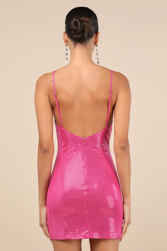 Lulus Immaculate Energy Shiny Pink Dotted Mesh Bodycon Mini Dress In Pink