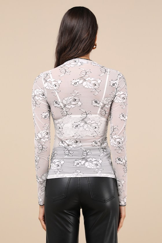 Immensely Flirty White Sheer Mesh Lace Long Sleeve Top 3