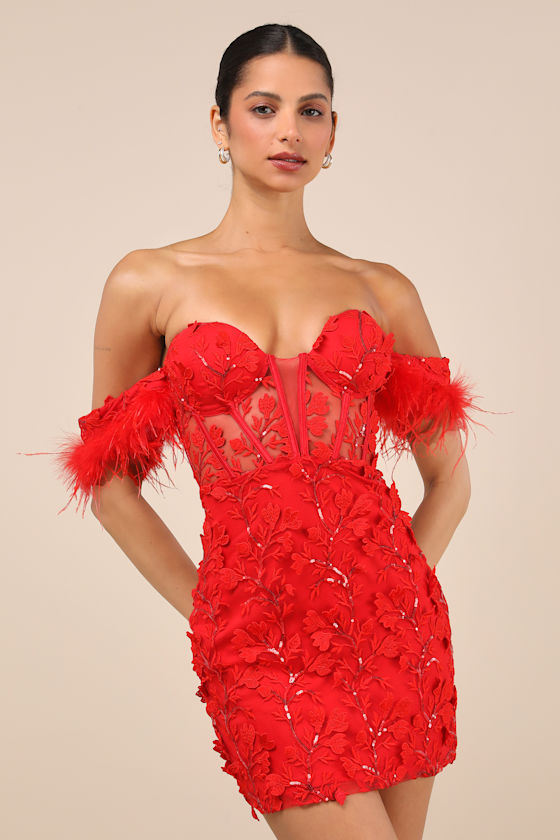 Red Embroidered Feather Bustier Mini Dress Womens Small Available in M L 100 Polyester Lulus Holiday Dresses