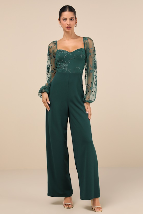 LULUS DARLING CHARISMA EMERALD MESH EMBROIDERED JUMPSUIT