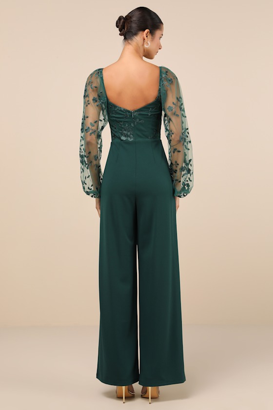 LULUS DARLING CHARISMA EMERALD MESH EMBROIDERED JUMPSUIT