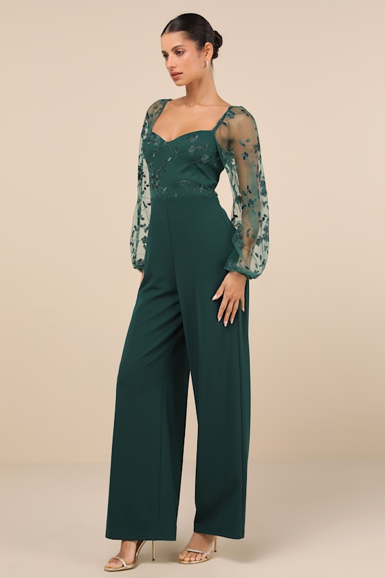 LULUS DARLING CHARISMA EMERALD MESH EMBROIDERED JUMPSUIT