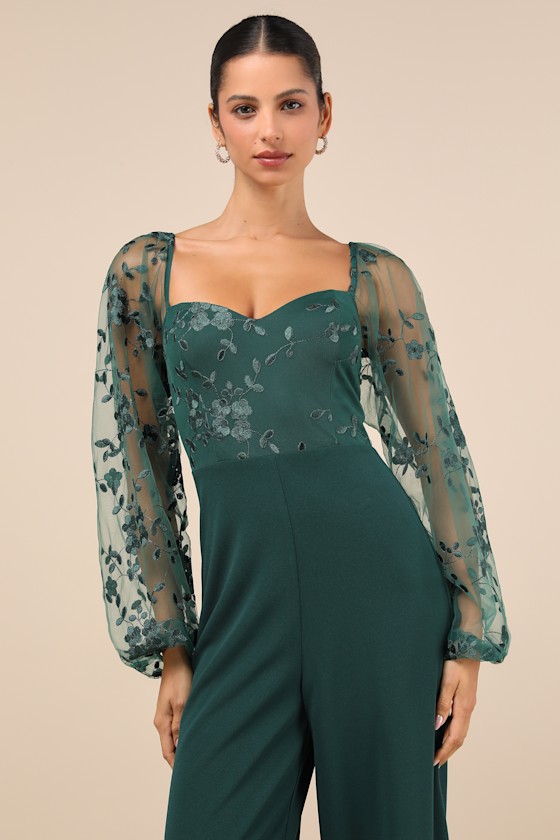 LULUS DARLING CHARISMA EMERALD MESH EMBROIDERED JUMPSUIT