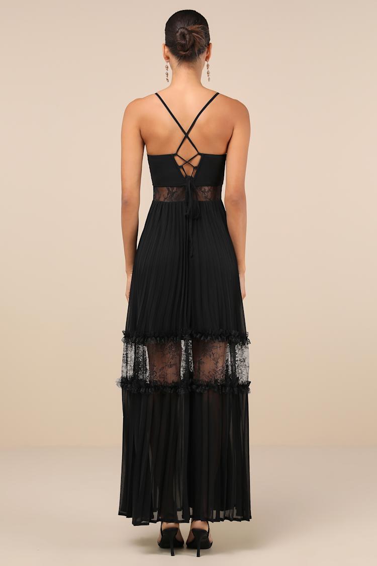 Deeply Stunning Black Lace Pleated Lace-Up Backless Maxi Dress