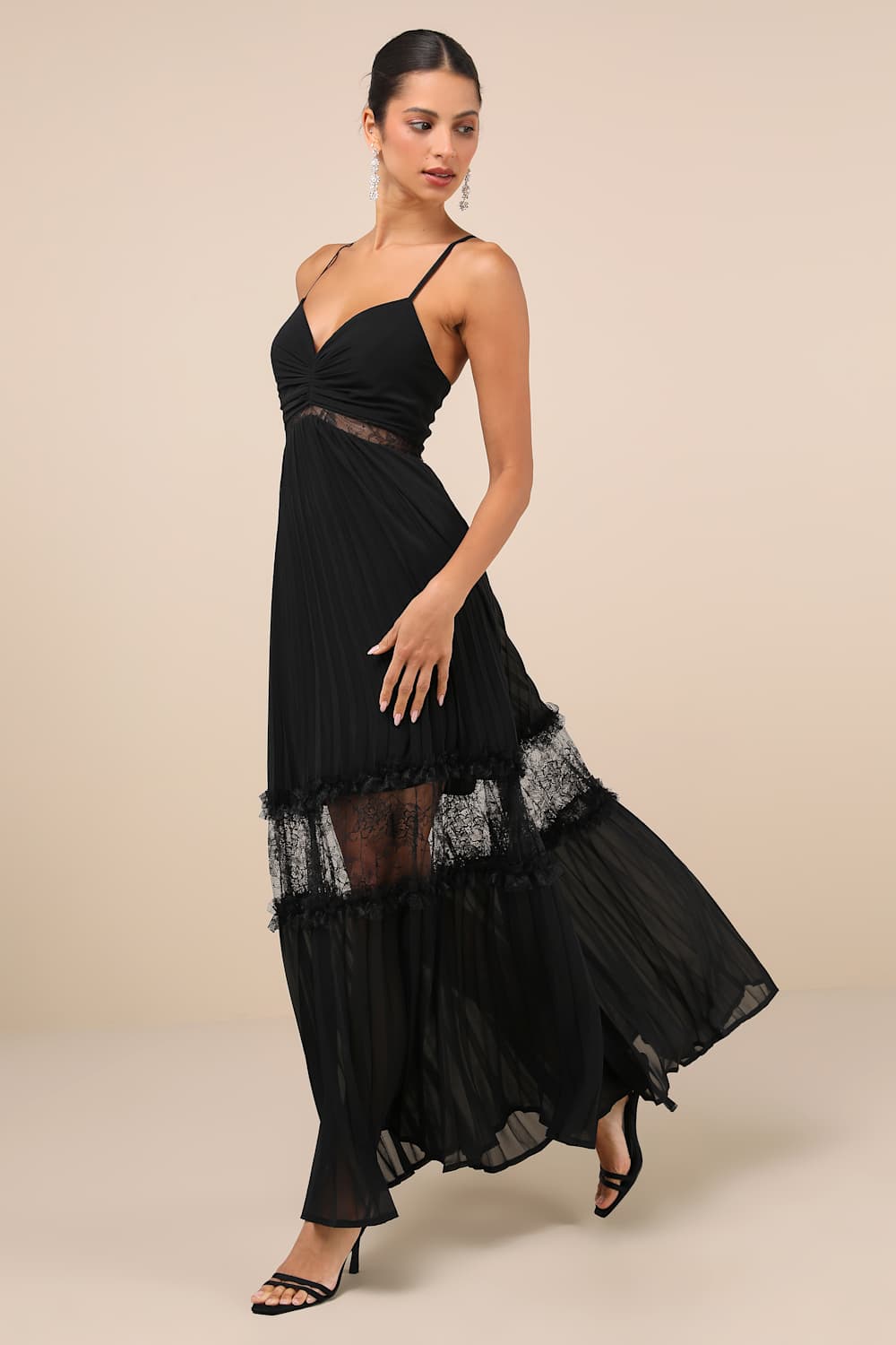 Deeply Stunning Black Lace Pleated Lace-Up Backless Maxi Dress