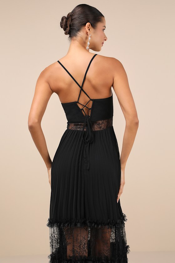Lulus Deeply Stunning Black Lace Pleated Lace-up Backless Maxi Dress In Black