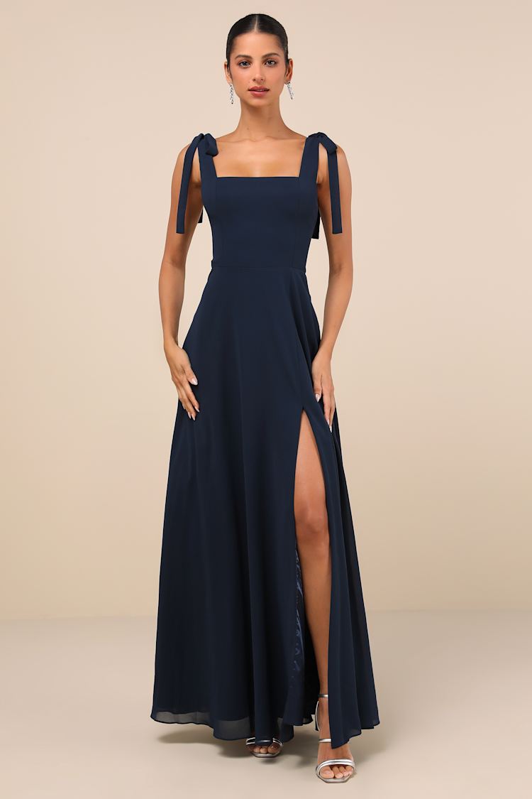 Navy Blue Tie-Strap Square Neck Maxi Dress | Womens | Small (Available in 3X, 2X, L) | 100% Polyester | Lulus | Holiday Dresses