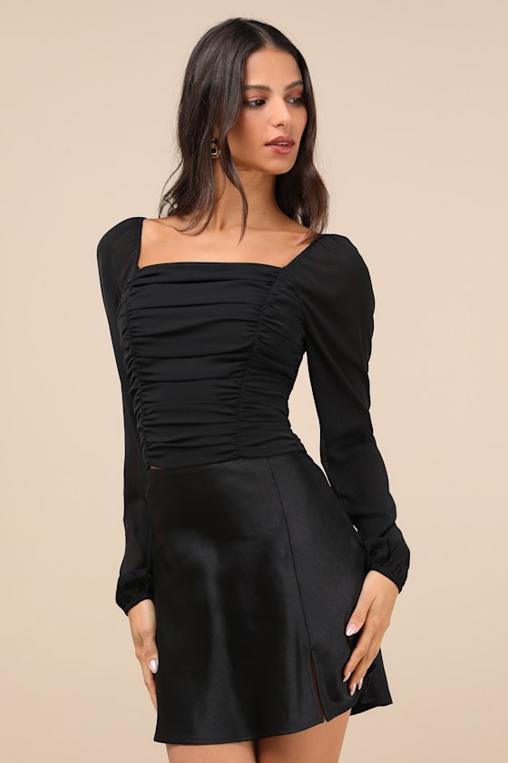Lulus Mood Setter Black Ruched Long Sleeve Top In Black